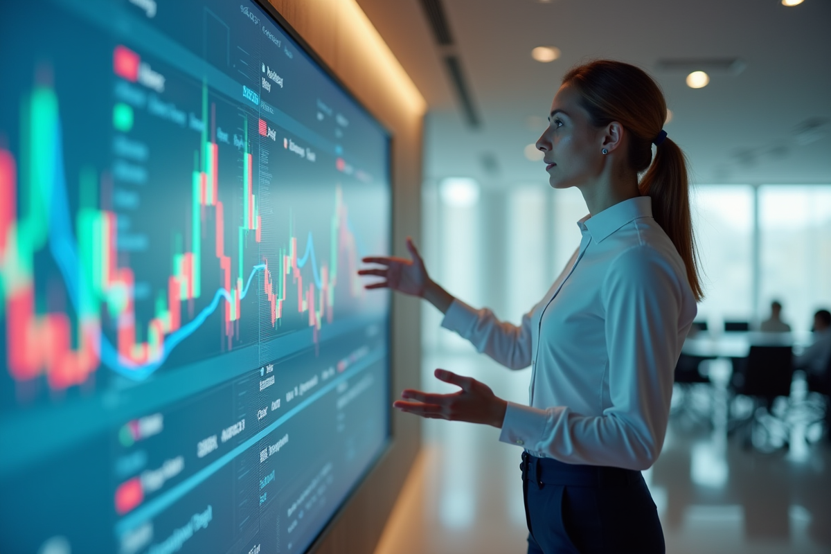 Jeune femme en blouse blanche devant écran macroéconomique