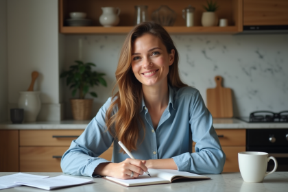 Femme d'âge moyen consulte ses finances à la maison