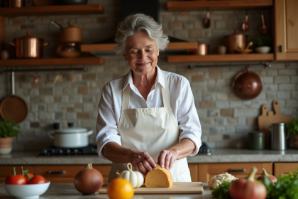 Femme française pressant du foie gras dans une terrine en cuisine