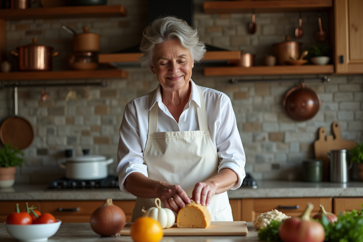 Femme française pressant du foie gras dans une terrine en cuisine