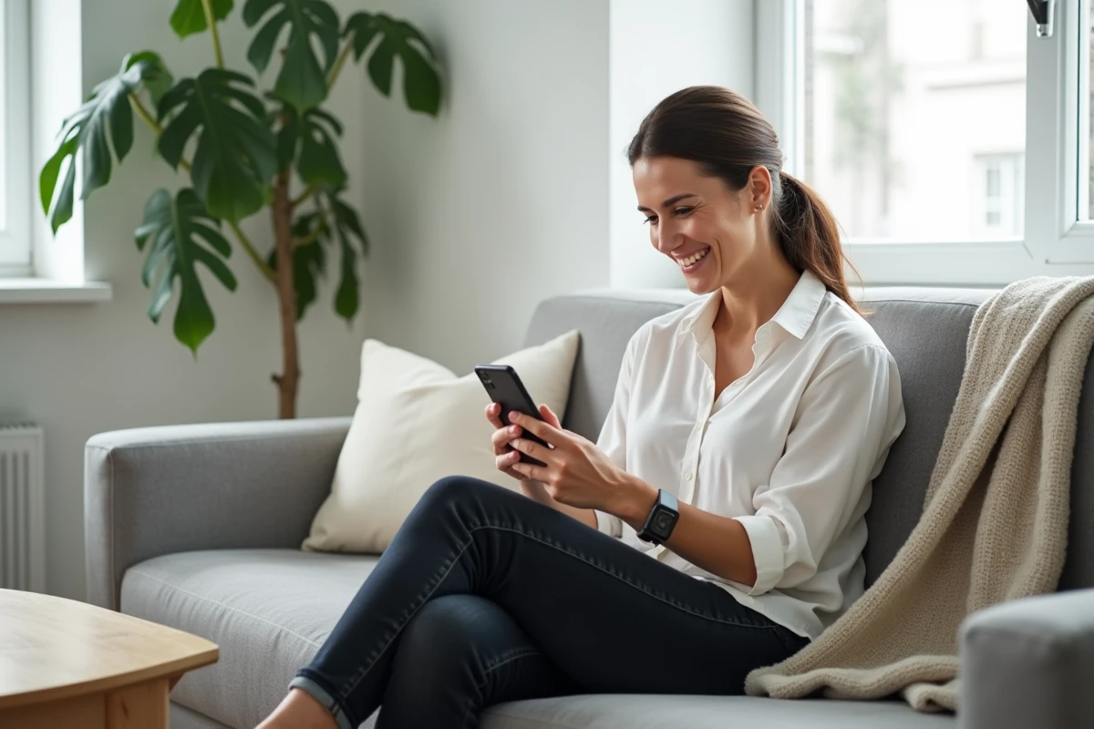 Femme riant avec son smartphone affichant un GIF d'anniversaire pour homme dans un salon moderne et épuré