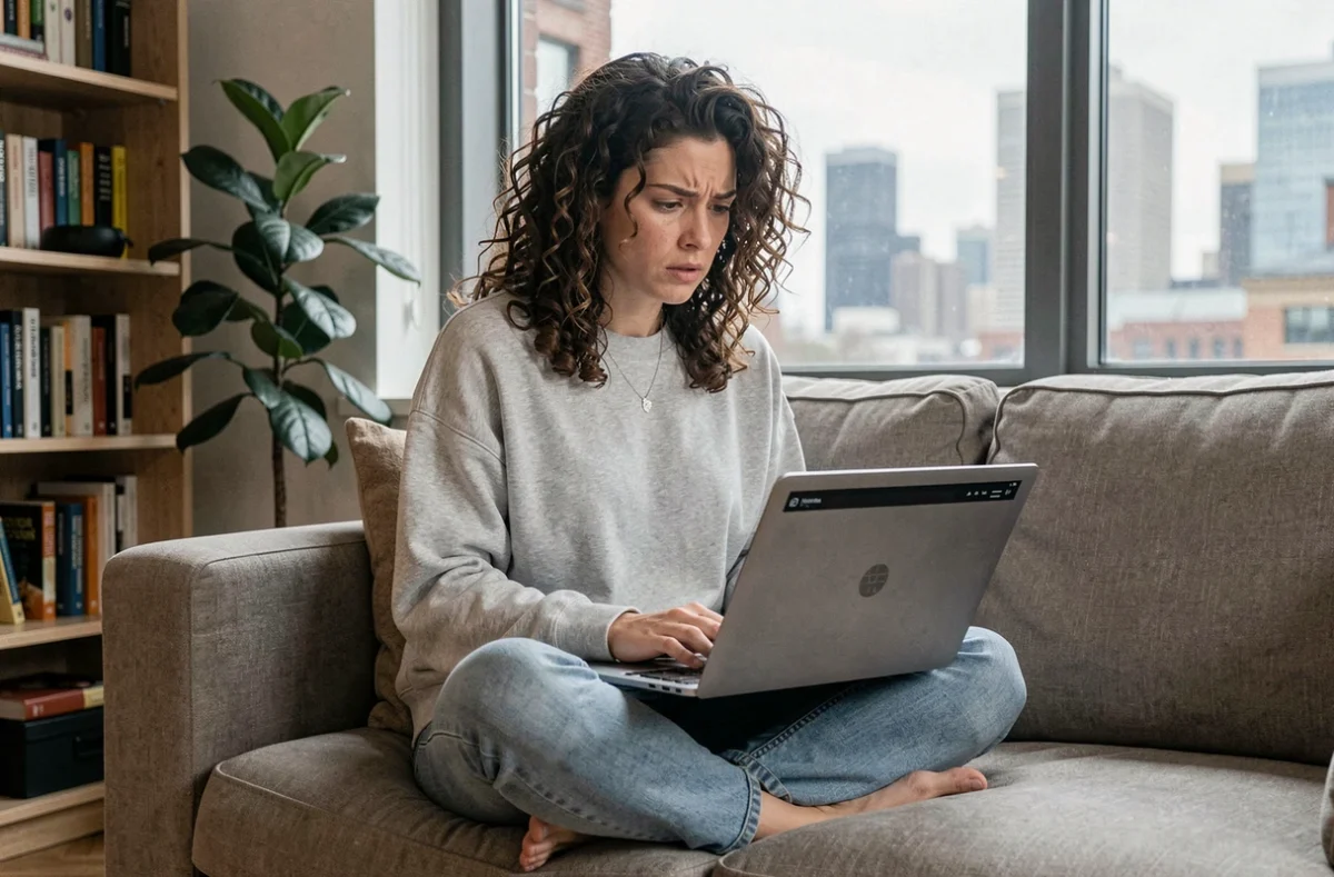 Femme inquiète consultant un article sur les risques de fuite de données depuis son appartement avec un ordinateur portable