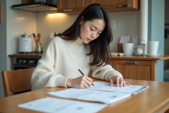Femme japonaise en intérieur vérifiant ses factures