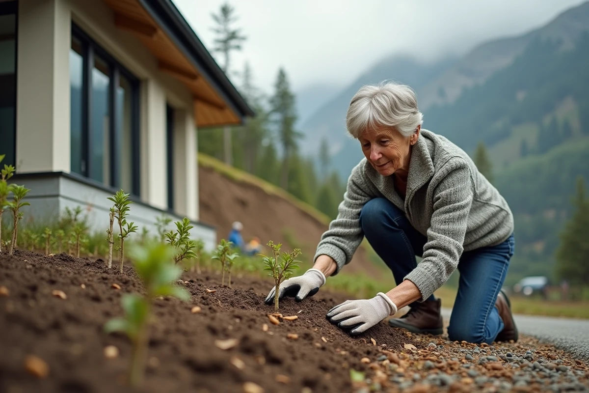 Femme âgée plante des arbustes près de sa maison dans un environnement naturel