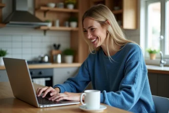 Femme souriante utilisant son ordinateur dans une cuisine lumineuse