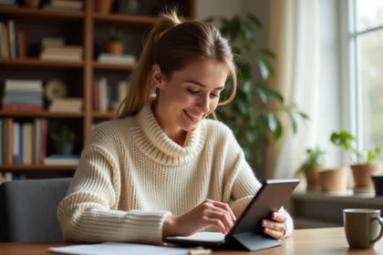 Femme lisant un ebook sur une liseuse numérique à son bureau à domicile, entourée de livres