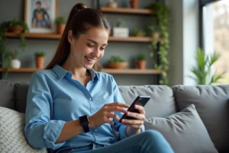 Jeune femme lisant sur smartphone dans un salon moderne