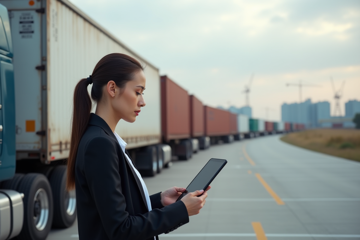 Jeune femme en costume vérifiant les camions au yard
