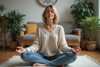 Femme méditant paisiblement dans un salon cosy