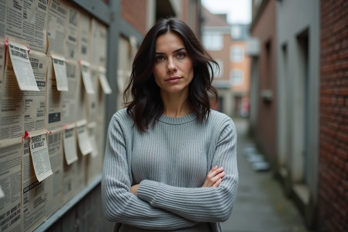 Femme devant un mur de coupures de presse et fils rouges symbolisant le démêlage de rumeurs et de fausses informations