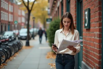 Femme consultant un panneau de rue numéroté en milieu urbain pour identifier une adresse
