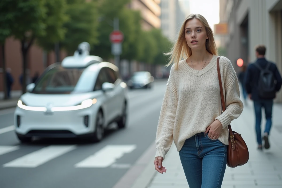 Jeune femme observant une voiture autonome dans la ville