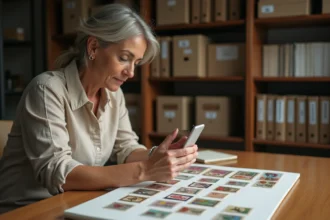 Femme photographiant des timbres vintage pour une annonce Delcampe sur un bureau en bois