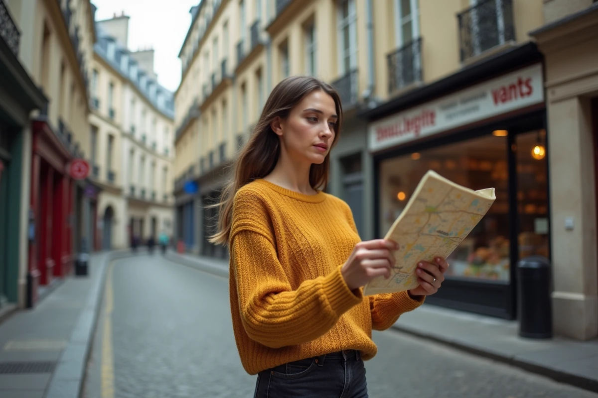 Jeune femme consultant un plan de ville pour identifier un faubourg dans un quartier historique