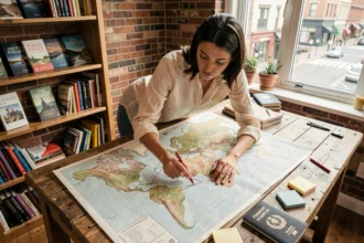 Femme planifiant un tour du monde avec une carte du monde imprimée et des notes de voyage sur un bureau en bois