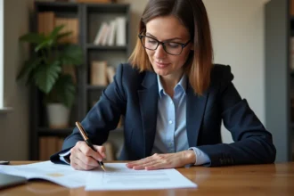 Femme rédigeant une lettre de résiliation formelle à son bureau avec un stylo plume, entourée de documents annotés