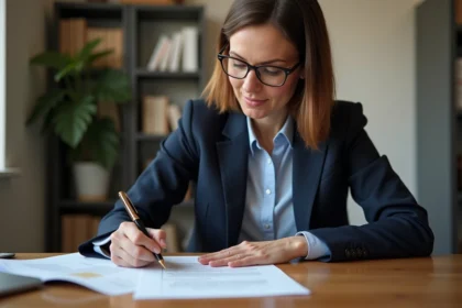 Femme rédigeant une lettre de résiliation formelle à son bureau avec un stylo plume, entourée de documents annotés