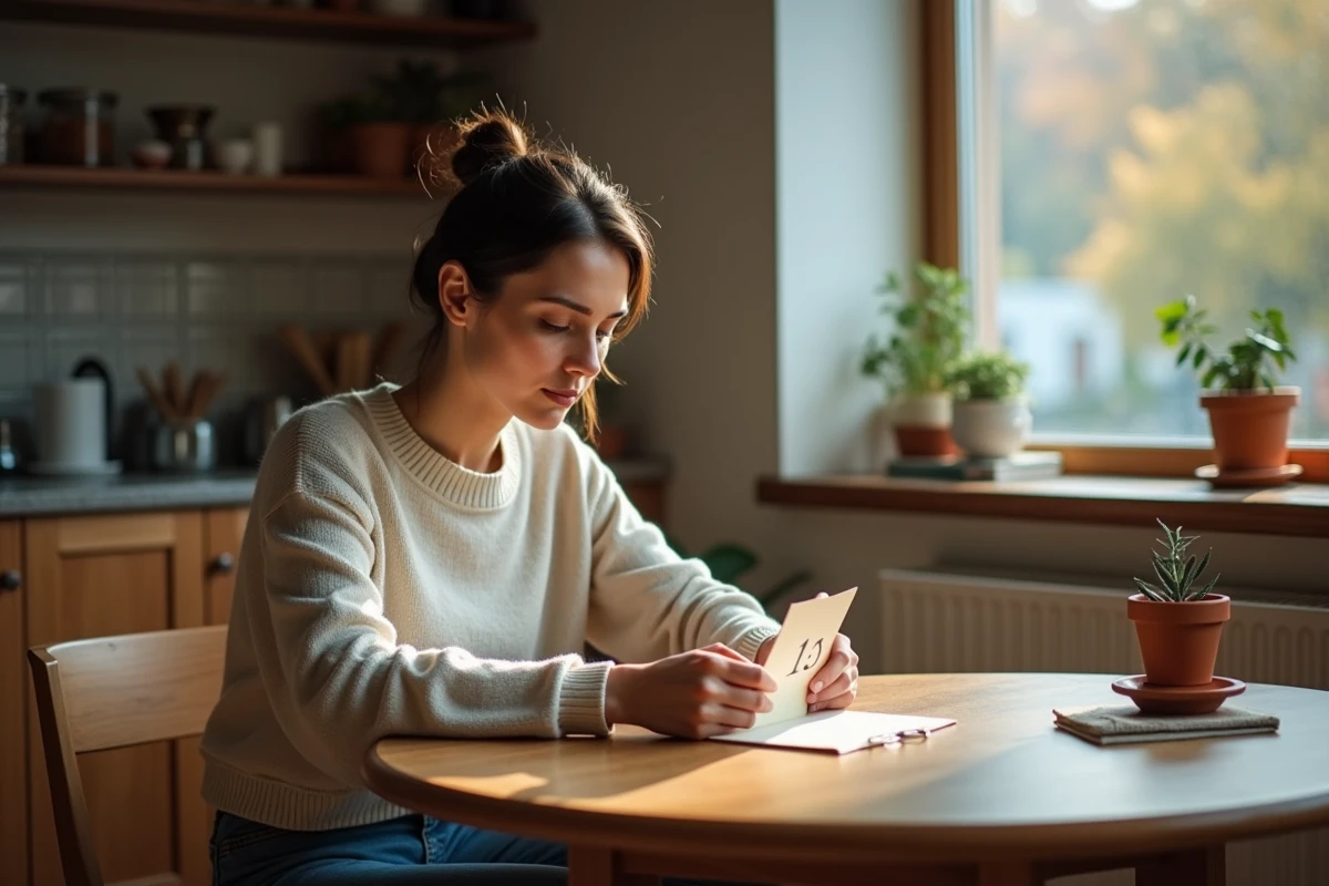 Femme assise seule à la cuisine en pensant