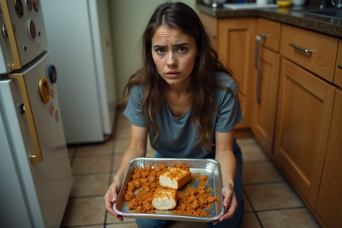 Jeune femme frustrée avec un plateau de nourriture avariée