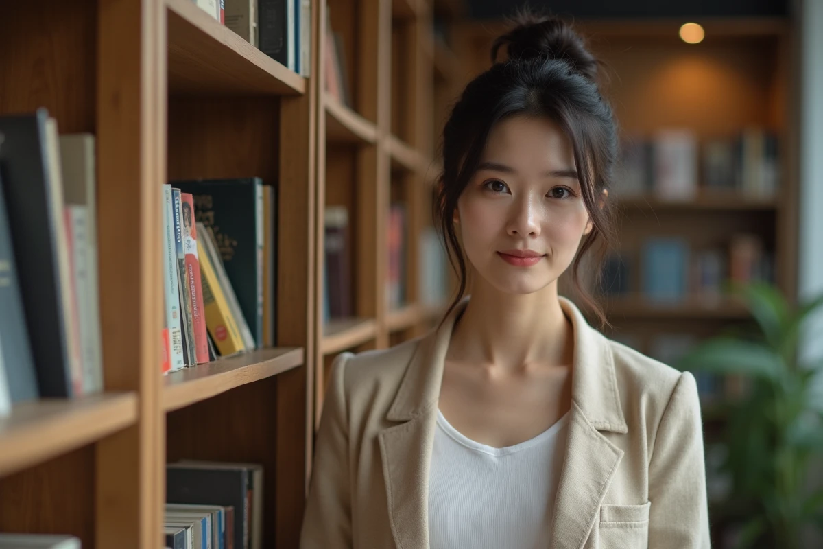 Femme dans une librairie consciente d'être regardée, illustrant la dynamique psychologique du regard entre hommes et femmes