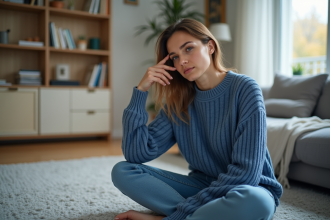 Jeune femme en détente dans un salon calme et organisé
