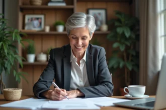 Femme souriante en bureau préparant ses papiers de retraite