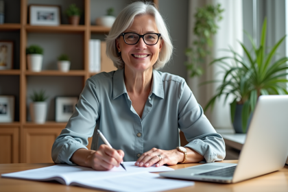 Femme d'âge moyen souriante dans un bureau moderne pour la retraite