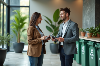 Femme d affaires discutant près d une station de recyclage en bureau