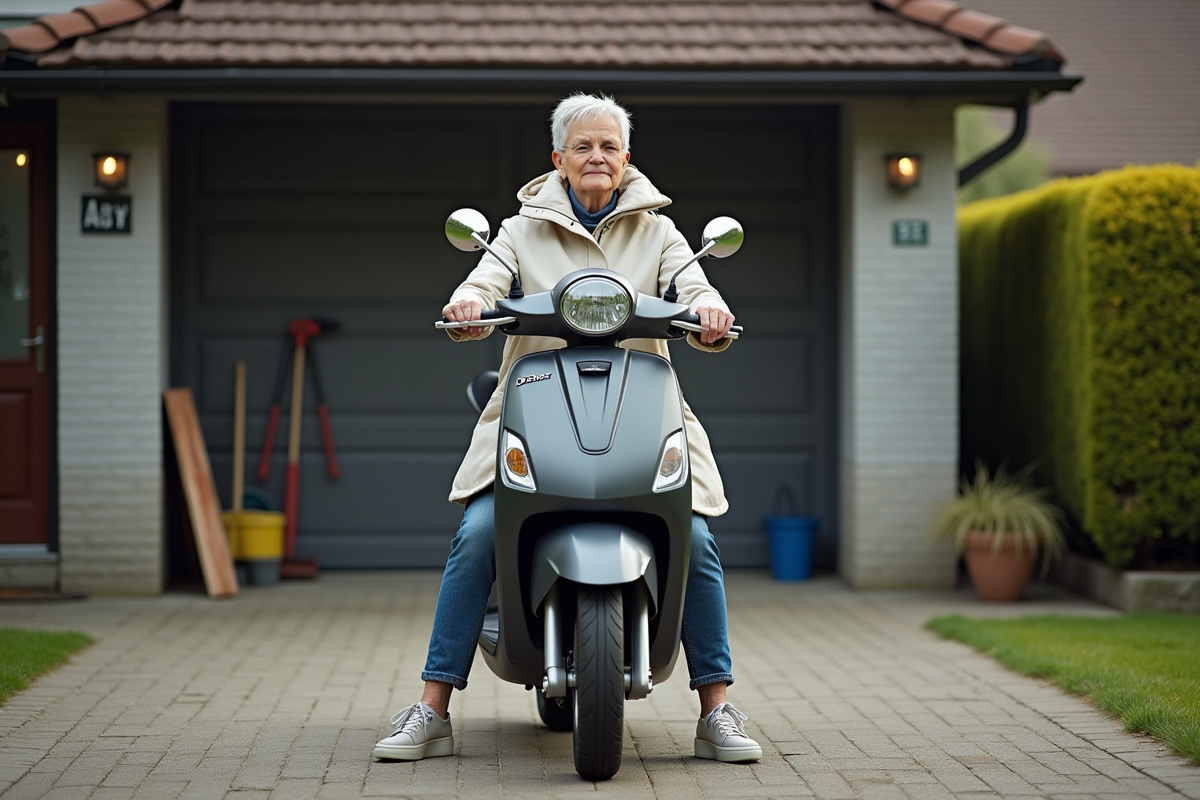 Femme assise sur un scooter Dax dans une cour tranquille
