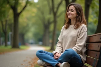 Femme assise sur un banc dans un parc urbain en automne