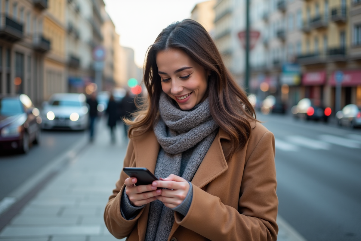 Femme dans la rue regardant son smartphone avec concentration