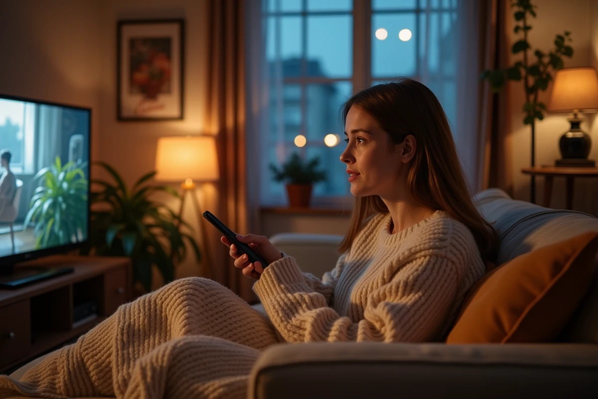 Femme seule regardant la télé dans un salon chaleureux