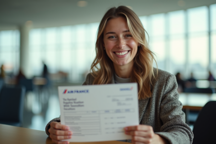 Jeune femme souriante à l'aéroport avec billet Air France