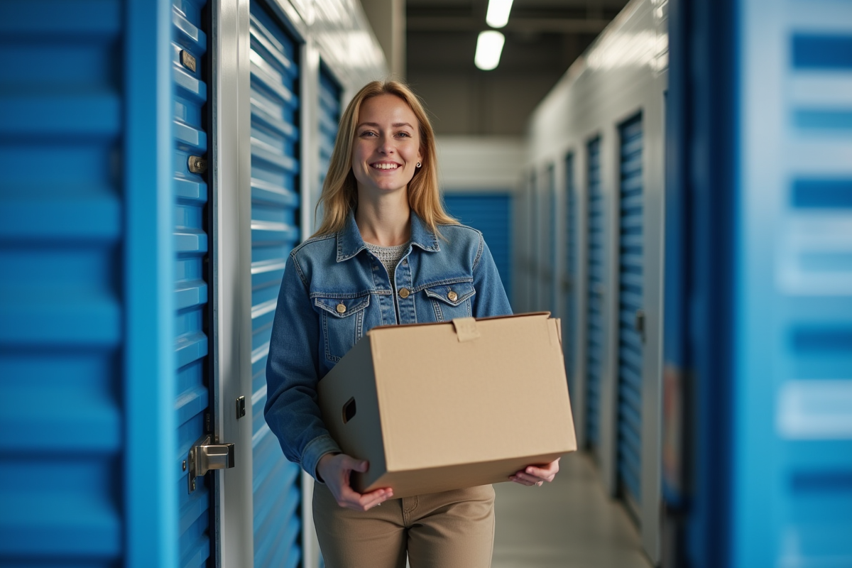 Femme dans un centre de stockage à Rennes ouvrant une porte