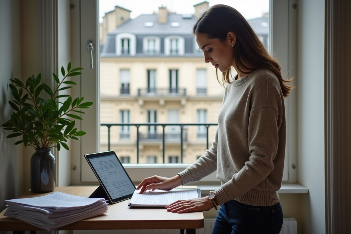 Femme en bureau moderne préparant sa déclaration d