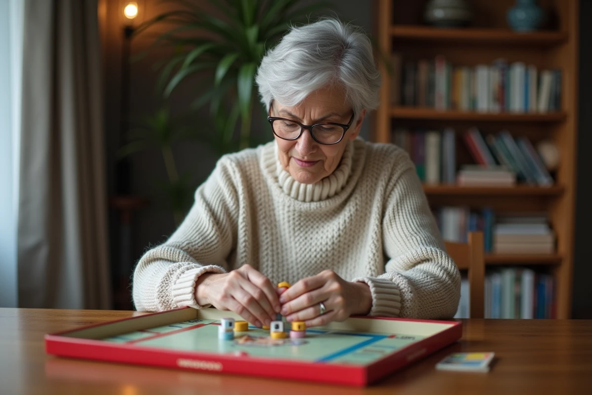 Femme cherchant des pièces manquantes dans une boîte de Monopoly à la maison