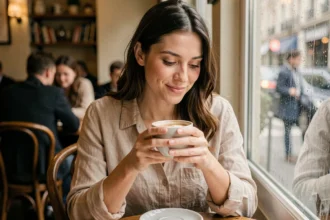 Femme troublée et rêveuse dans un café parisien, regard pensif et sourire discret révélant une émotion intérieure