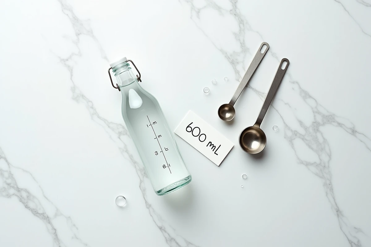Vue de dessus d'une bouteille de 600 ml avec une carte de conversion manuscrite 600 ml égal 0,6 litre sur marbre blanc