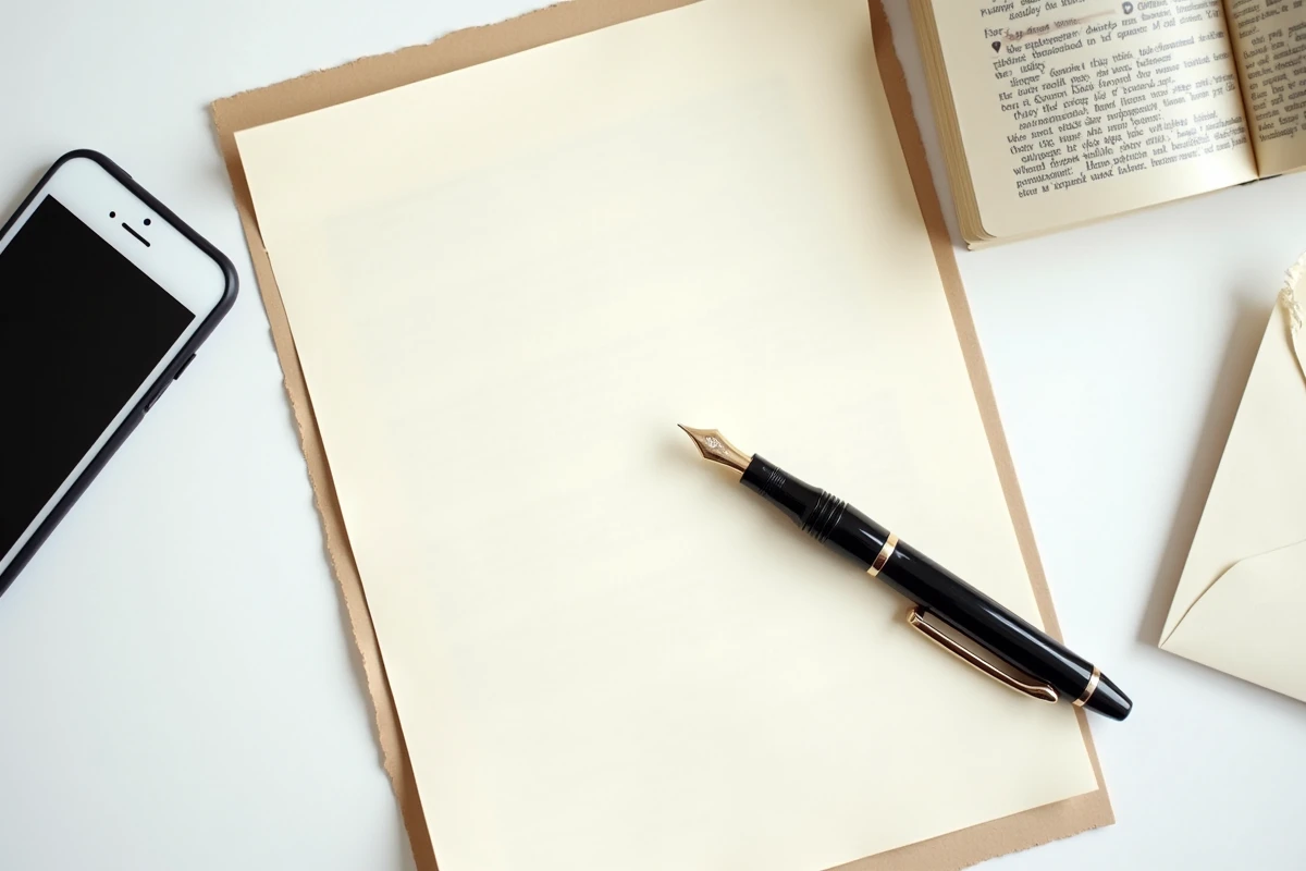 Flat lay d'une lettre de résiliation manuscrite avec stylo plume, dictionnaire et smartphone posés sur un bureau blanc