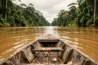 Vue grand angle du fleuve Amazone au Brésil depuis un bateau en bois, entouré d'une forêt tropicale dense et luxuriante