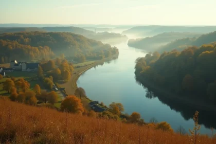 Vue aérienne de la Loire traversant une vallée française en automne, avec brume matinale et forêts colorées