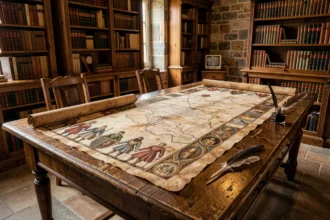 Frise historique des rois de France sur parchemin ancien déroulée sur une table en bois avec cartes de batailles et symboles héraldiques