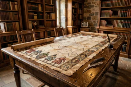 Frise historique des rois de France sur parchemin ancien déroulée sur une table en bois avec cartes de batailles et symboles héraldiques