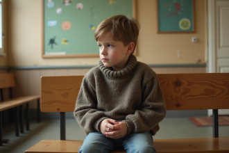 Jeune garçon assis dans une salle d'attente sociale