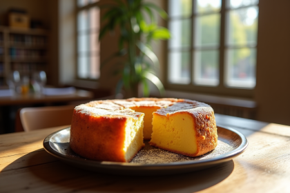 Gâteau basque frais tranché sur une table en musée