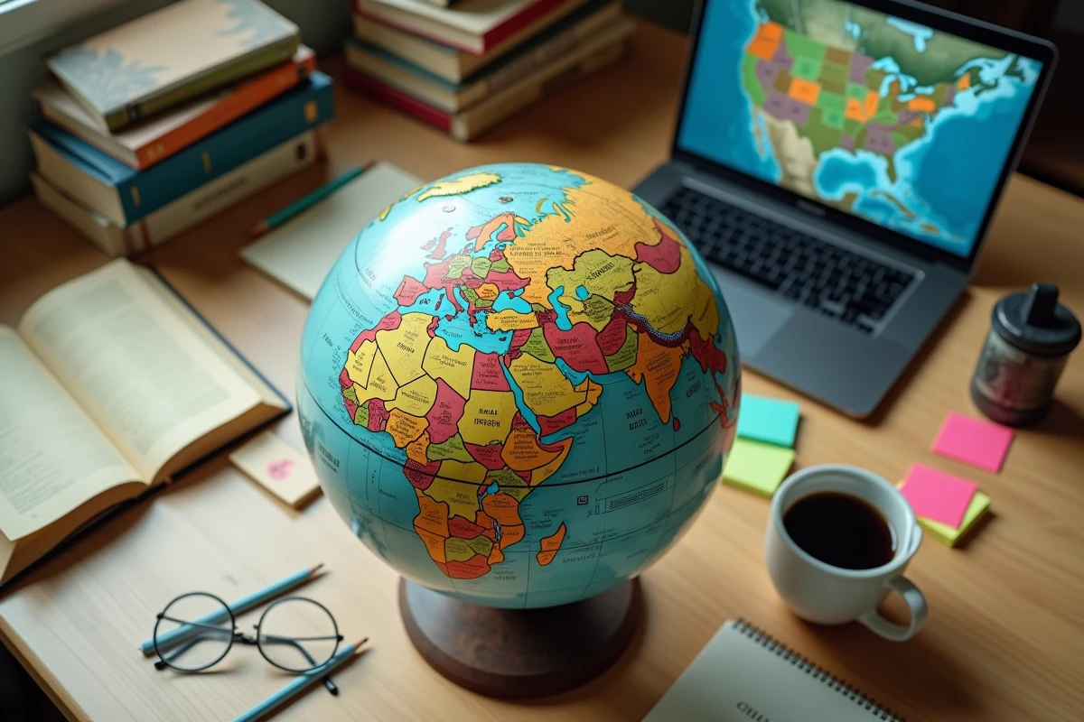 Vue plongeante sur un globe terrestre annoté posé sur un bureau de chercheur entouré de livres de géopolitique et de cartes satellitaires