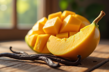 Gousse de vanille et mangue fraîche sur bois