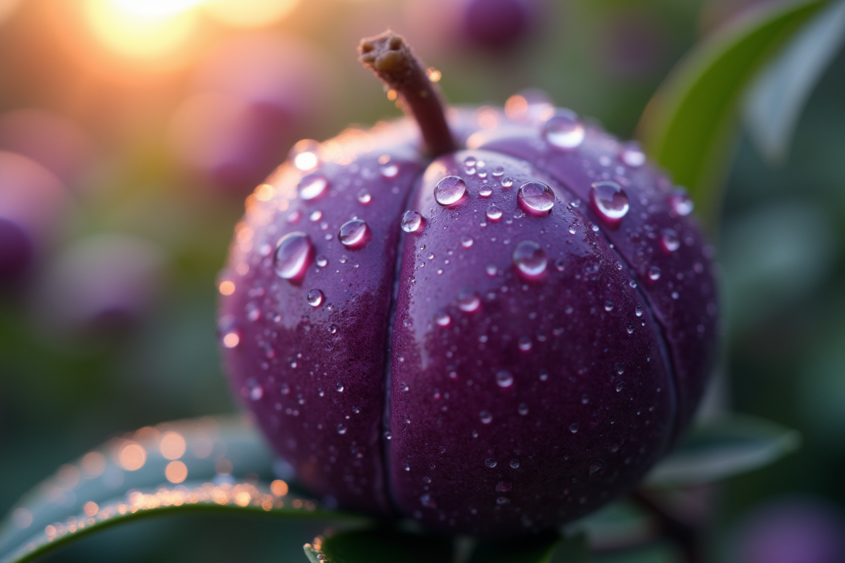 Gros plan d un fruit violet avec gouttes d eau