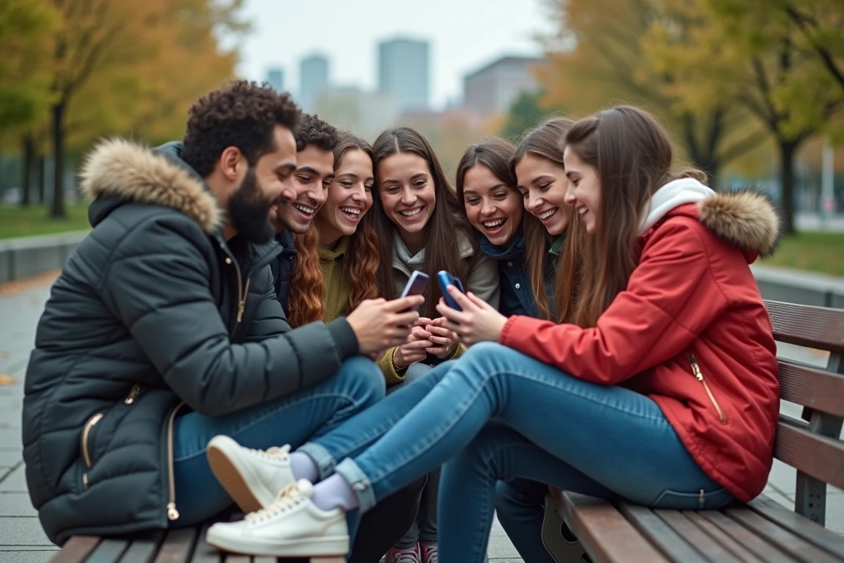 Groupe d adolescents regardant une vidéo TikTok dans un parc urbain