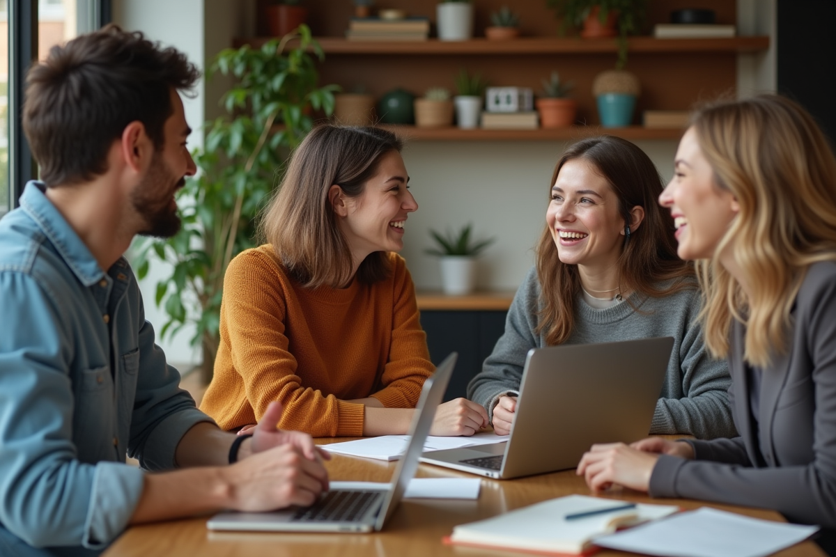 Groupe de jeunes adultes discutant autour d'une table chaleureuse